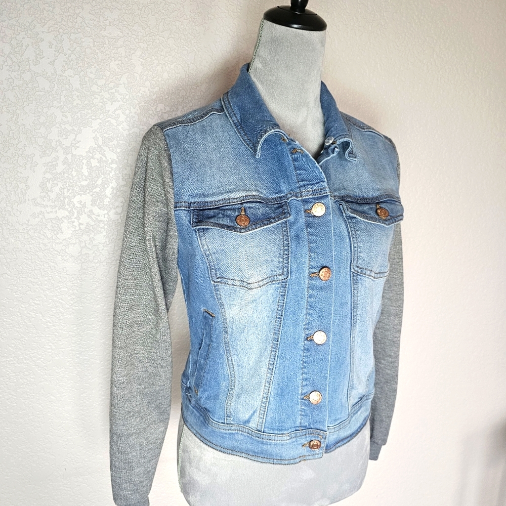 Denim Jacket Mixed Media Hoodie Jacket Distressed Blue Jean Womens Small